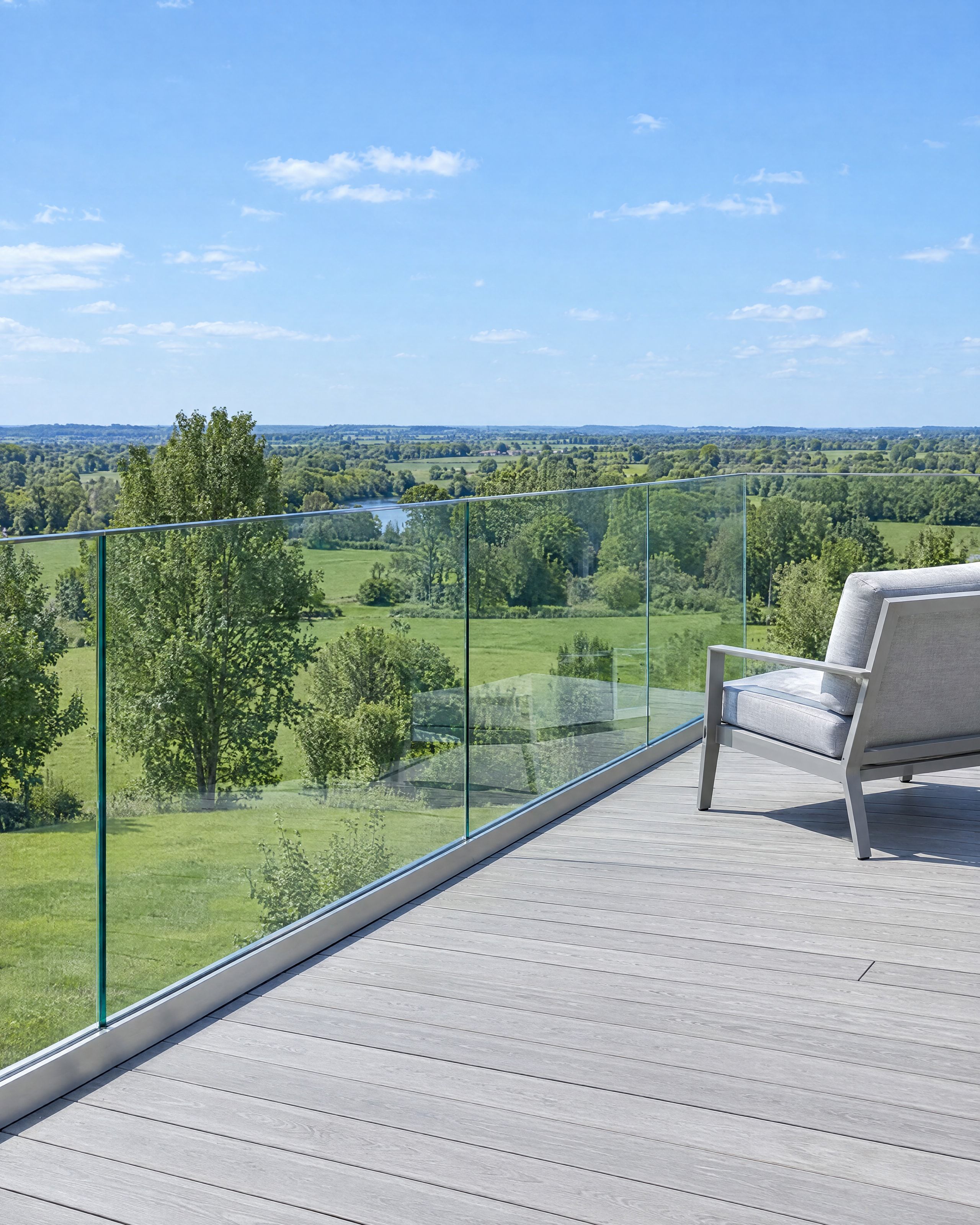 Rahmenlose Glasbrüstung an einer Dachterrasse mit Blick über Wiesen und Bäume bei Tageslicht