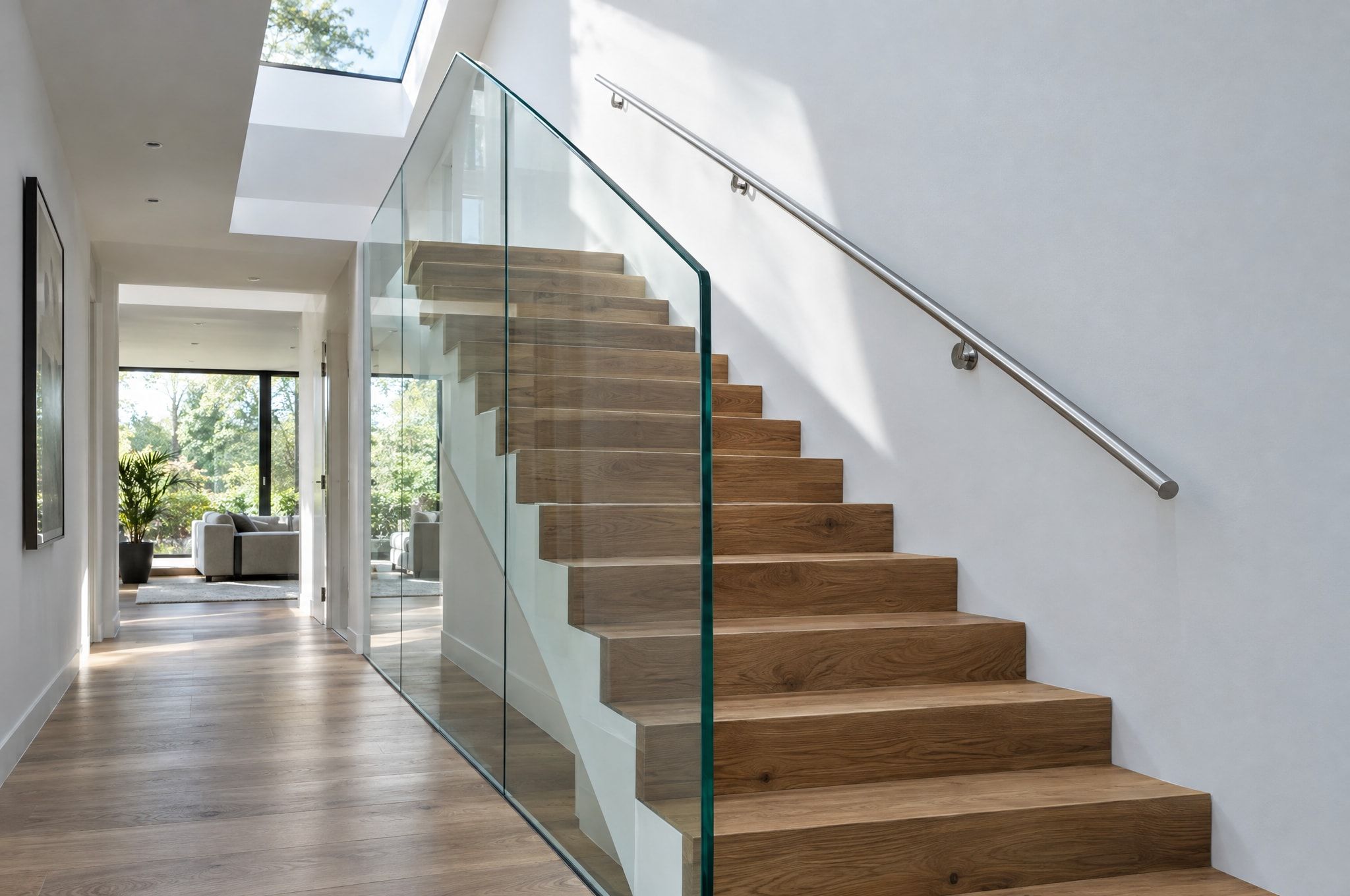 Treppe mit rahmenloser Glasbrüstung und rundem Edelstahl-Handlauf