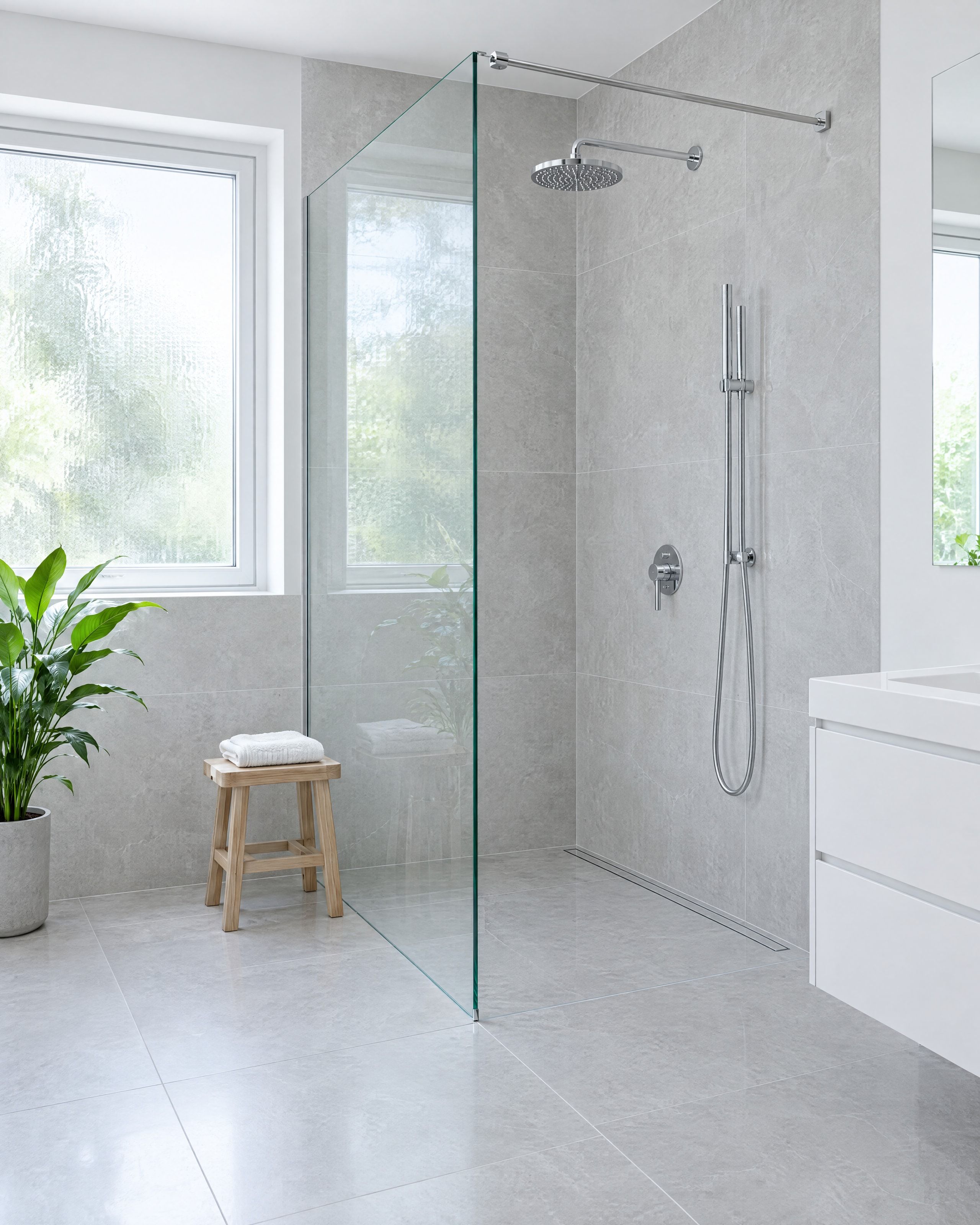 Bodenebene Walk-in-Dusche mit rahmenloser Glaswand in einem hellen Bad mit grauen Steinfliesen