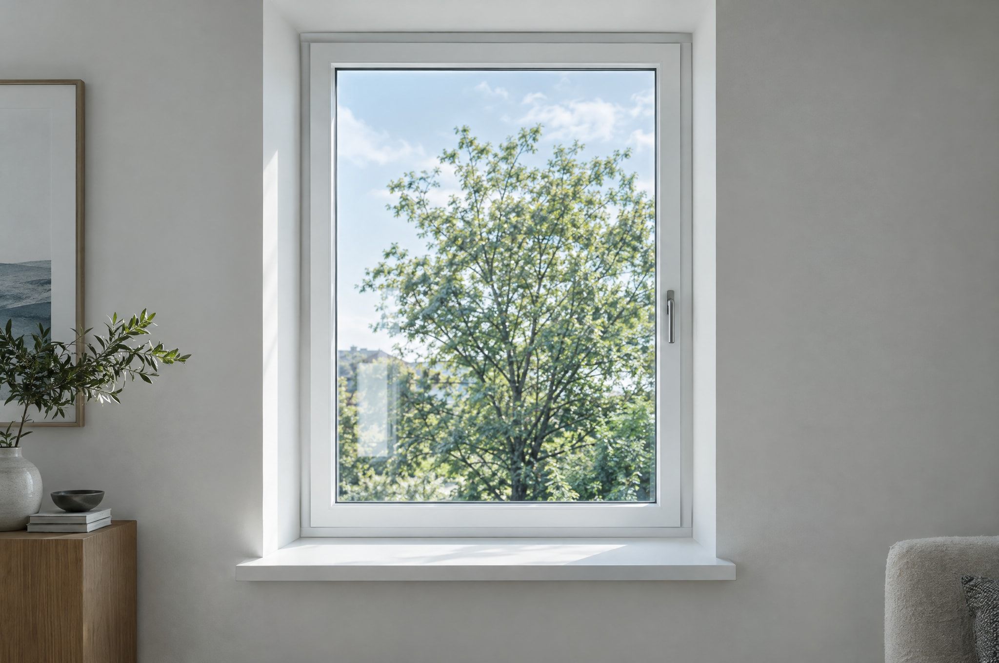 Weißes Fenster mit einem Griff in einem hellen Raum, dahinter ein Baum