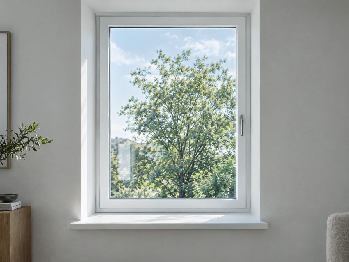 Weißes Fenster mit einem Griff in einem hellen Raum, dahinter ein Baum