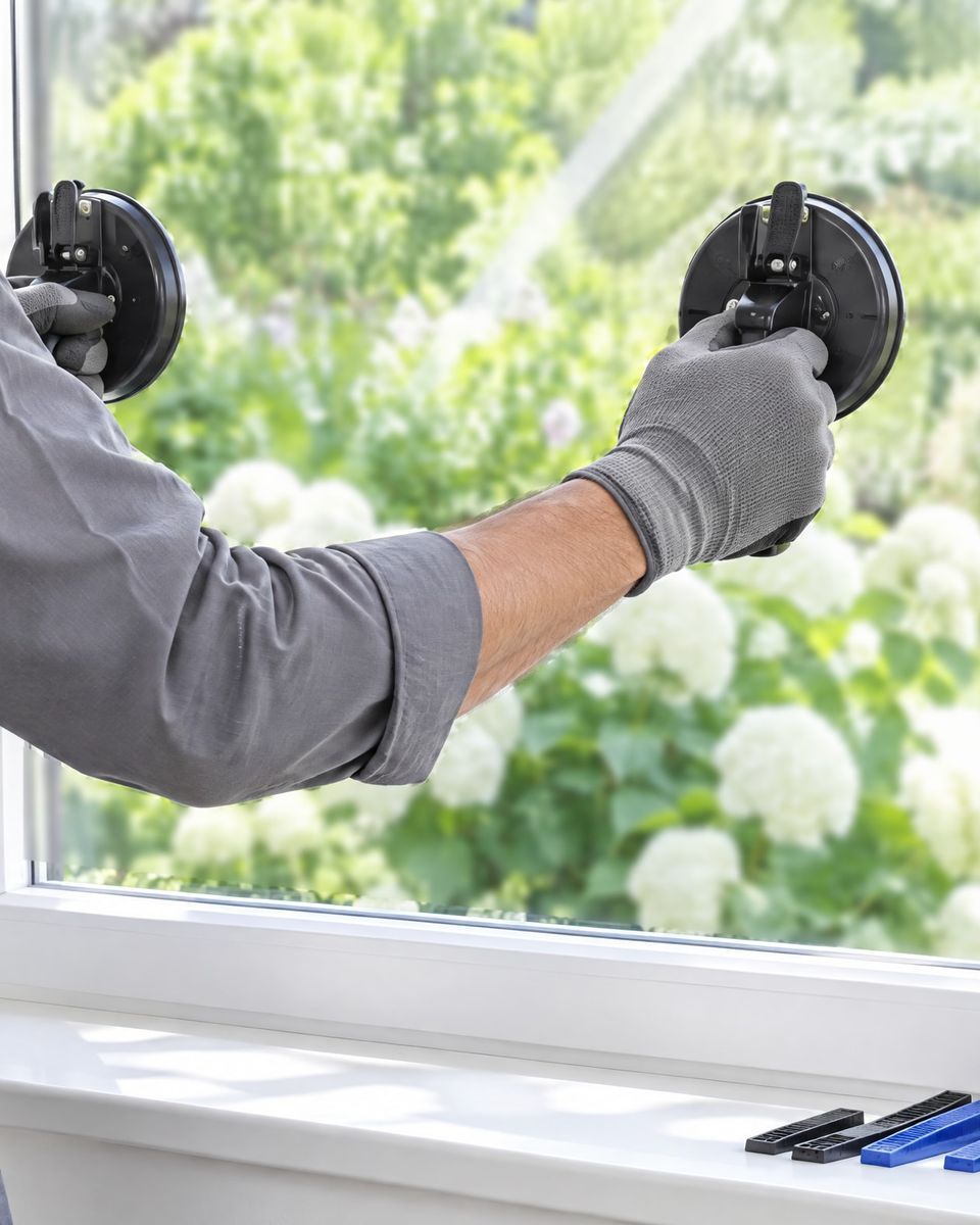 Ein Glaser in grauer Arbeitskleidung steht am Fenster und hält mit zwei Saughebern die neue Scheibe im weißen Fensterflügel, auf der Fensterbank liegen Verglasungskeile und ein Zollstock