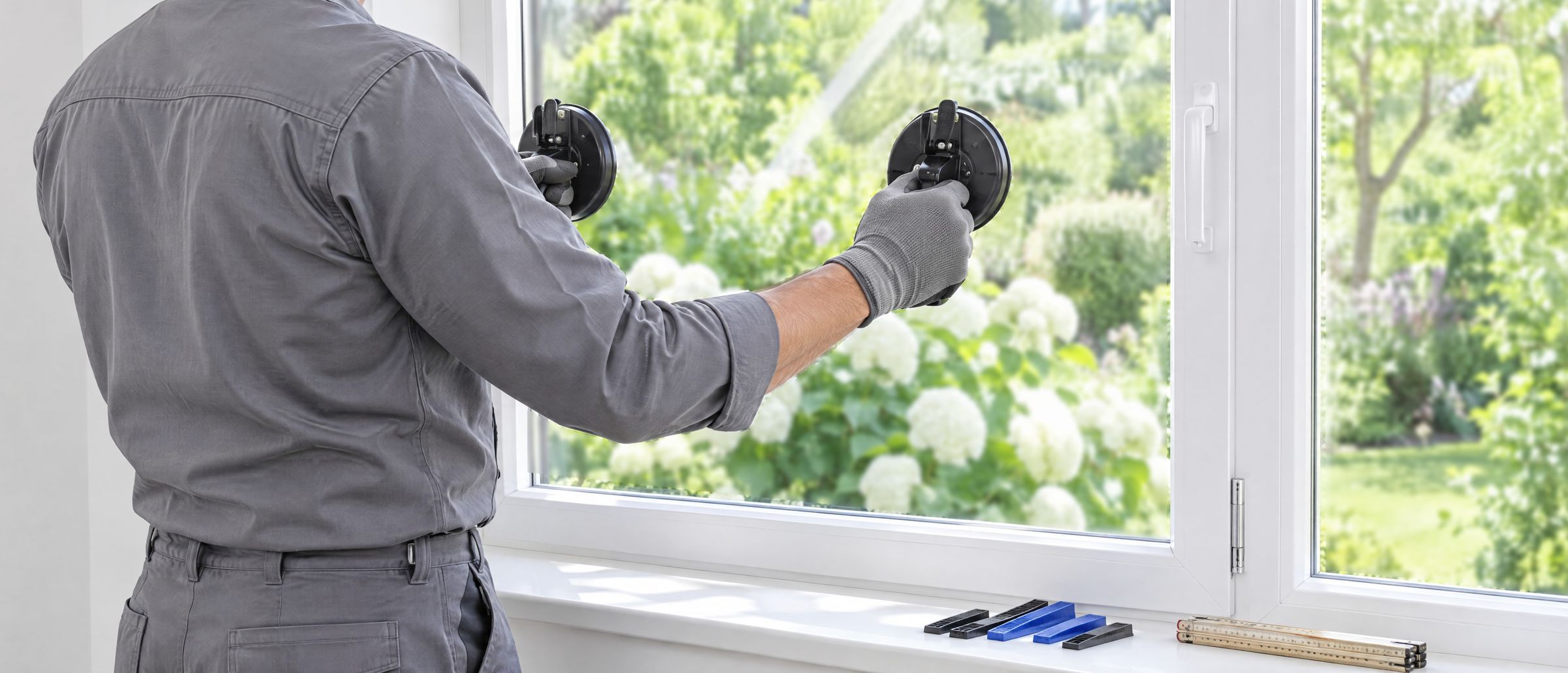 Ein Glaser in grauer Arbeitskleidung steht am Fenster und hält mit zwei Saughebern die neue Scheibe im weißen Fensterflügel, auf der Fensterbank liegen Verglasungskeile und ein Zollstock
