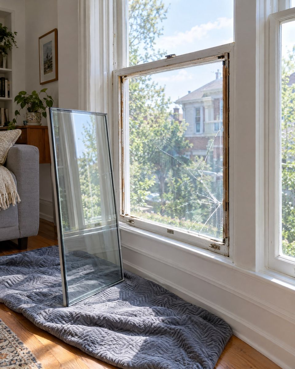 Fensterflügel mit gesprungener Scheibe, daneben steht die neue Isolierglasscheibe auf einer Decke bereit