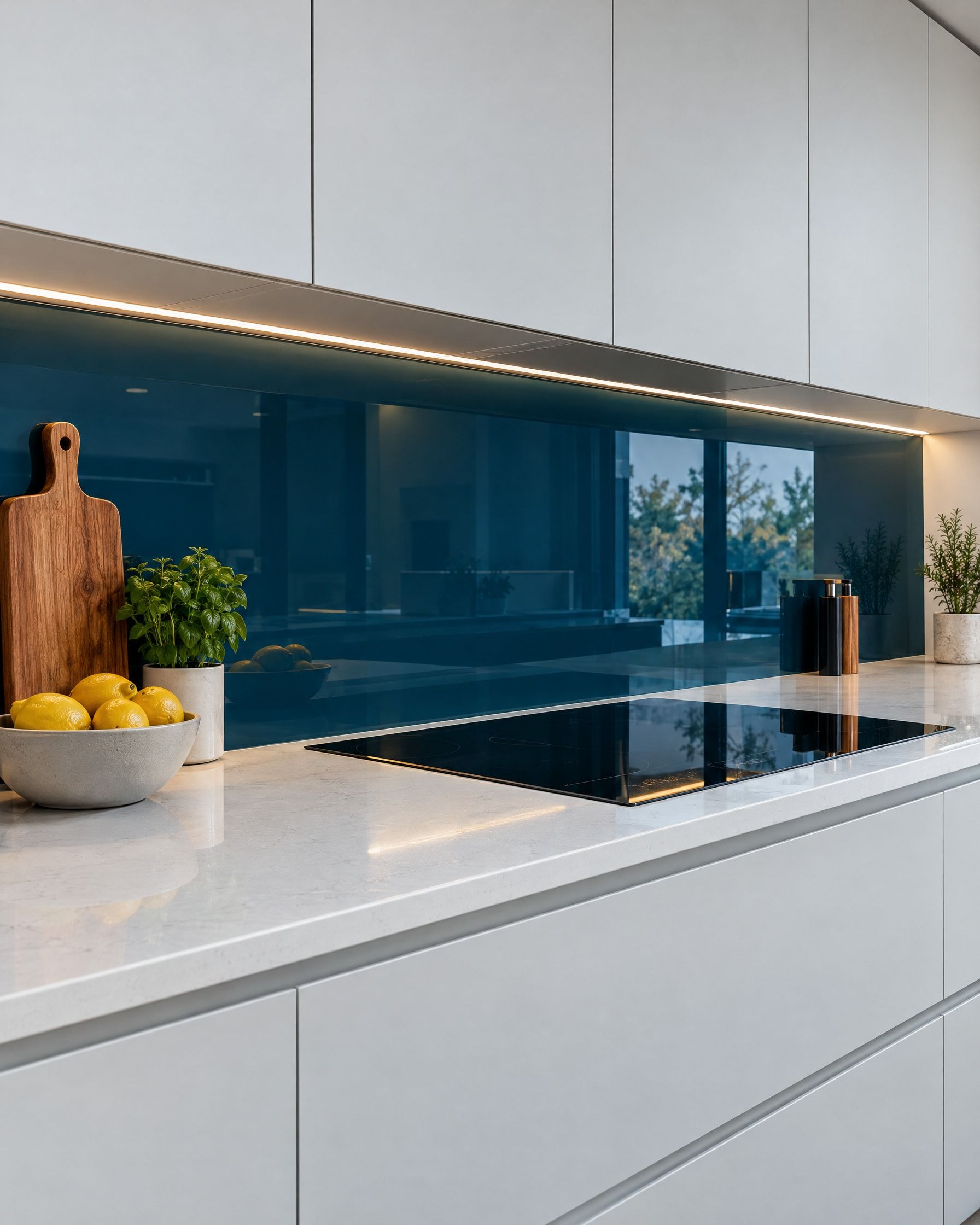 Küchenrückwand aus petrolblau lackiertem Glas zwischen weißer Arbeitsplatte und Oberschränken