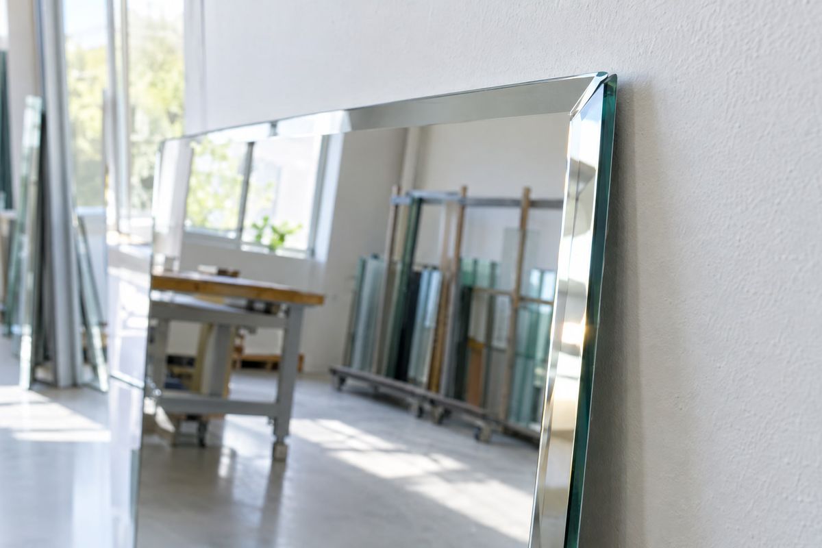 Polierte, facettierte Kante eines Spiegels, der in einer hellen Werkstatt an der Wand lehnt