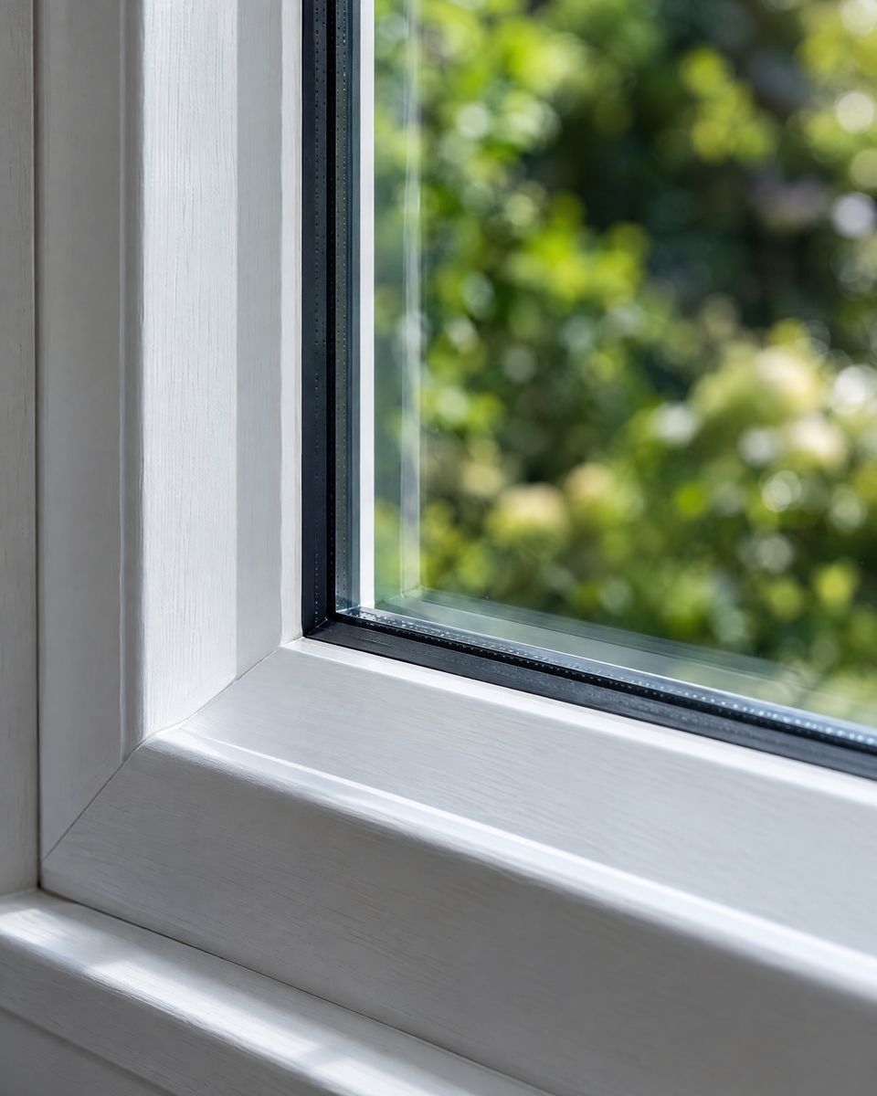 Ecke eines weißen Fensterflügels mit Isolierglas, am Glasrand ist der dunkle Abstandhalter zu sehen
