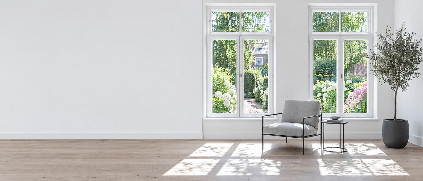 Heller Wohnraum: links eine weiße Wand, rechts zwei hohe weiße Fenster zum Garten, davor ein Sessel und ein Olivenbaum